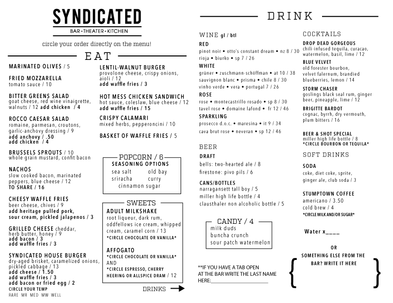 Our Menus Movie Theater, Bar, Restaurant SyndicatedBK