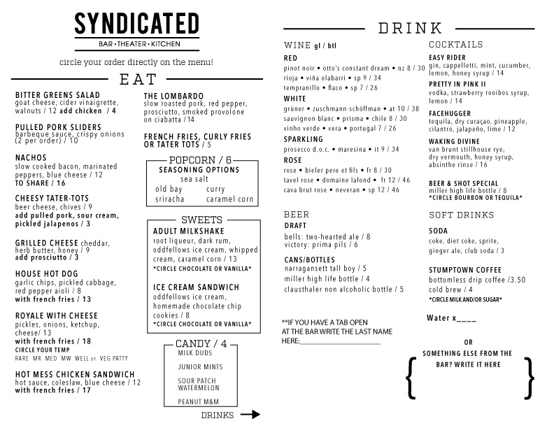Our Menus Movie Theater, Bar, Restaurant SyndicatedBK