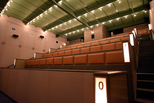 Stadium seating movie theater, with stairs on both sides and long bench seat rows.